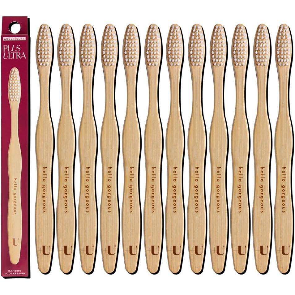 image:imageBiodegradable and EcoFriendly Bamboo Toothbrush 12Pack BPA Free Soft Bristle DentistApproved and AllNatural with Hello Handsome Etched on Handles by Plus UltraHello Gorgeous