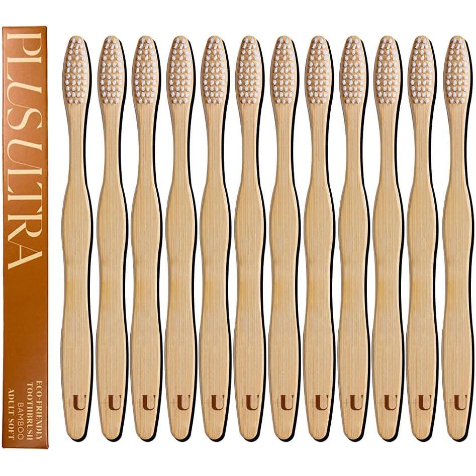 image:imageBiodegradable and EcoFriendly Bamboo Toothbrush 12Pack  BPA Free Soft Bristle  DentistApproved and AllNatural with Hello Handsome Etched on Handles by Plus UltraLogo