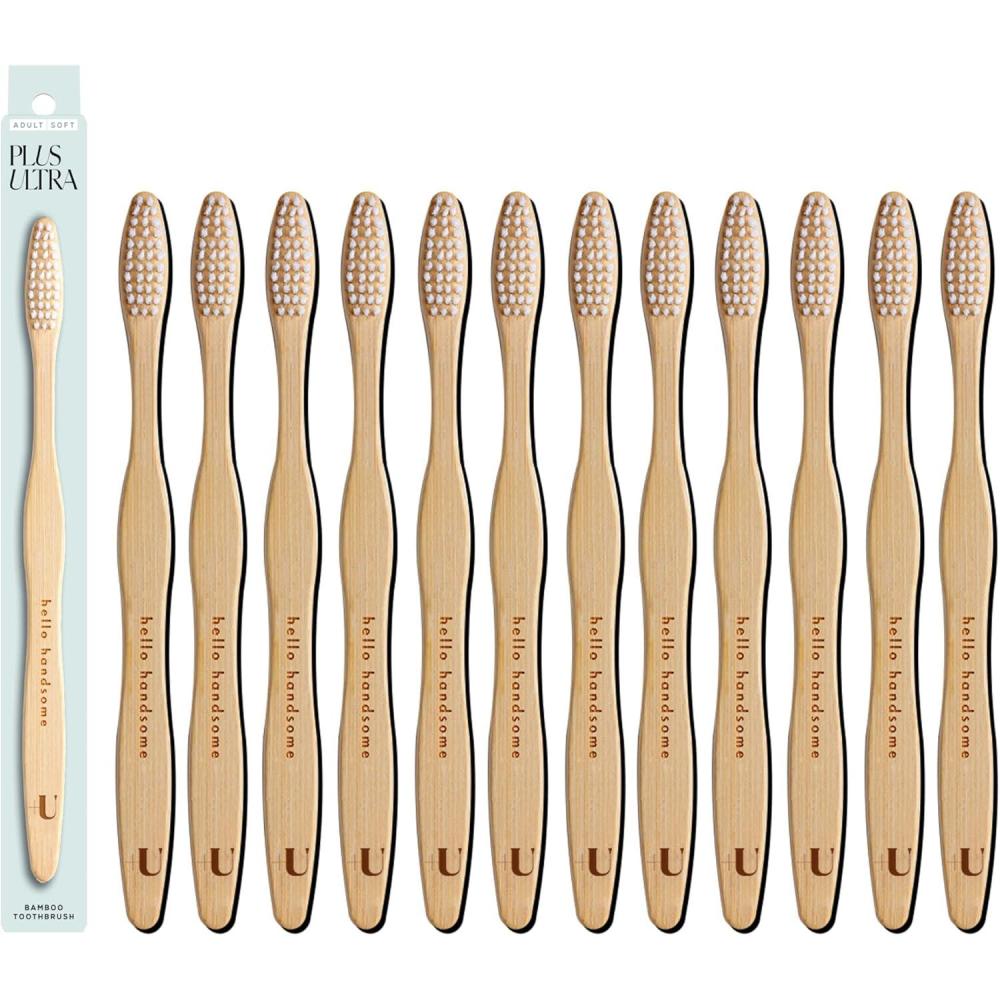 image:imageBiodegradable and EcoFriendly Bamboo Toothbrush 12Pack BPA Free Soft Bristle DentistApproved and AllNatural with Hello Handsome Etched on Handles by Plus UltraHello Handsome
