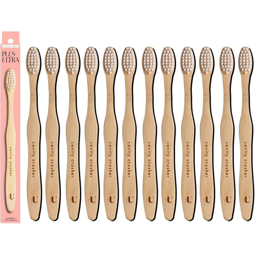 image:imageKids Biodegradable and EcoFriendly Bamboo Toothbrush 12Pack BPA Free Soft Bristle DentistApproved and AllNatural with Cavity Crusher Etched on Handles by Plus UltraCavity Crusher