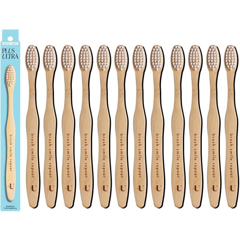 image:imageKids Biodegradable and EcoFriendly Bamboo Toothbrush 12Pack BPA Free Soft Bristle DentistApproved and AllNatural with Cavity Crusher Etched on Handles by Plus UltraBrush Smile Repeat