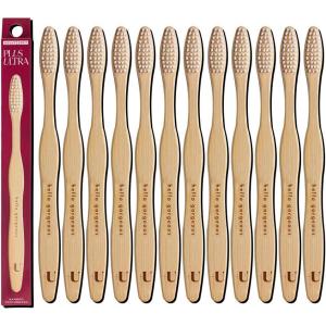 Biodegradable and Eco-Friendly Bamboo Toothbrush 12-Pack – BPA Free Soft Bristle – Dentist-Approved and All-Natural with “Hello Handsome” Etched on Handles by Plus Ultra(Hello Gorgeous)