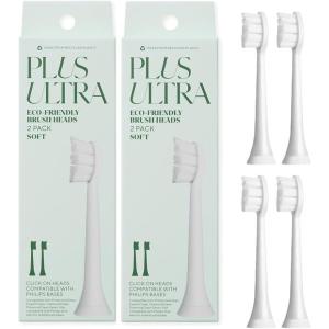 Plus Ultra Eco Friendly Toothbrush Replacement Heads 4 Pack | Designed for Sonic Powered Electric Toothbrushes | Made with Recycled Plastic | Soft Toothbrush for Sensitive Teeth